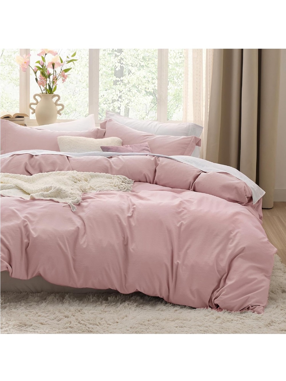 NEW Bedsure Prewashed Duvet Cover Full, Cotton-Like Soft Bedding Set, Pink